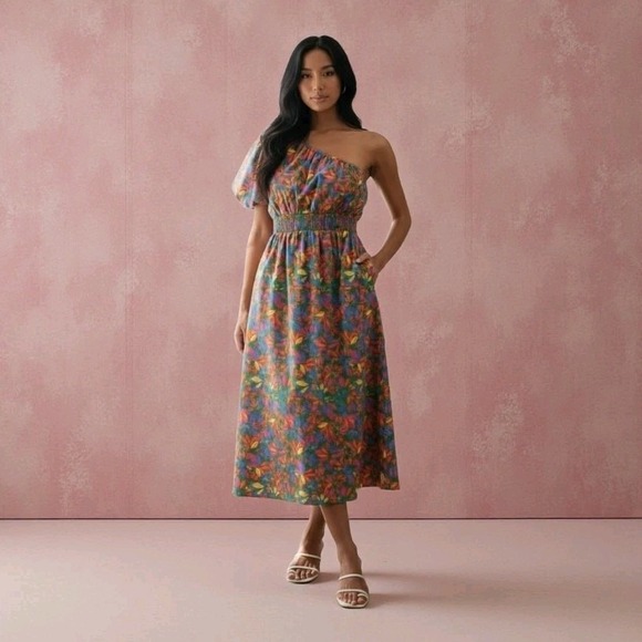 Sugarlips Dresses & Skirts - Floral One Shoulder Midi Dress Puff Sleeve‎ Summer Resort XS